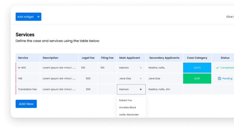 Service list board with pricing and filing fees