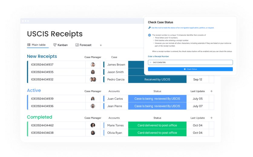 USCIS Receipts board with new, active, and completed receipts