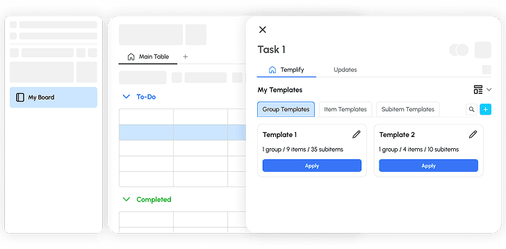 Templify dashboard listing group, item, and subitem templates