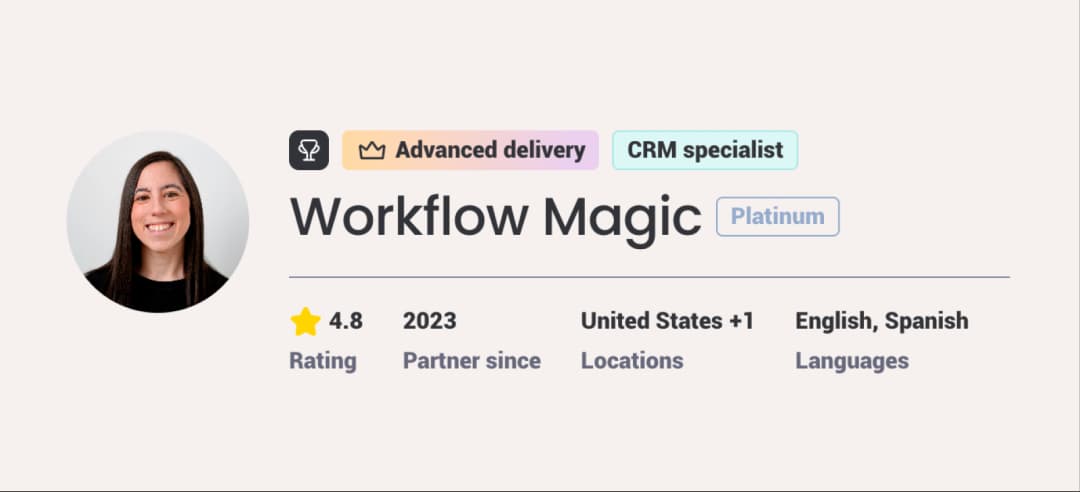 Workflow Magic's monday.com Go-To Partners directory profile showing Platinum tier and 4.8 rating