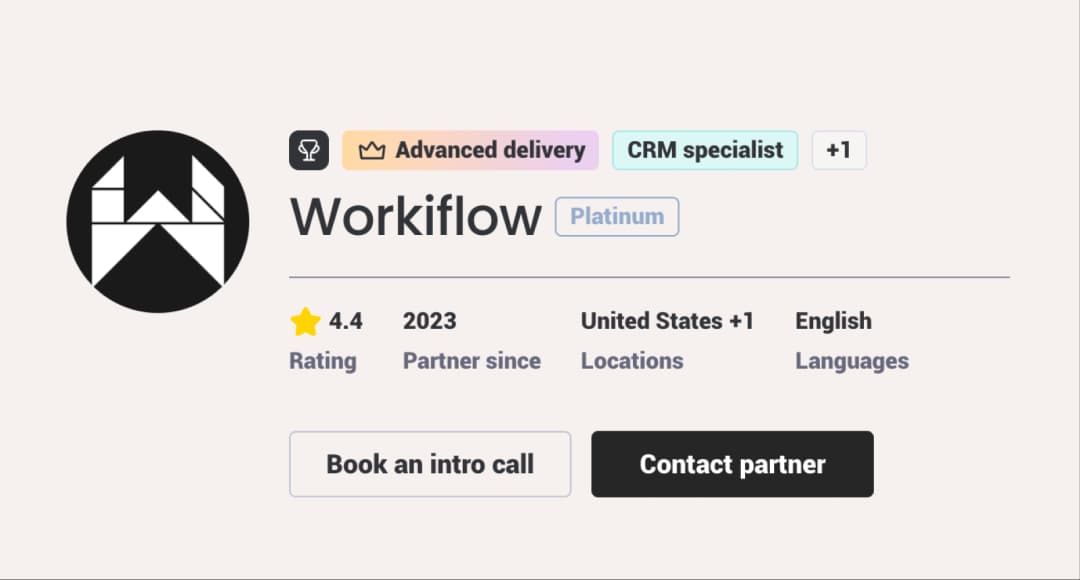 Workiflow's monday.com Go-To Partners directory profile showing Platinum tier, 4.4 rating, and CRM specialist badge