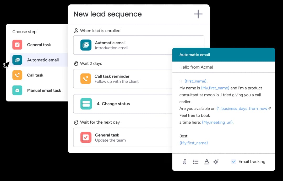 A monday.com automation building a new-lead sequence — automatic email, wait steps, a call task, and a status change — moving work between boards without manual effort.