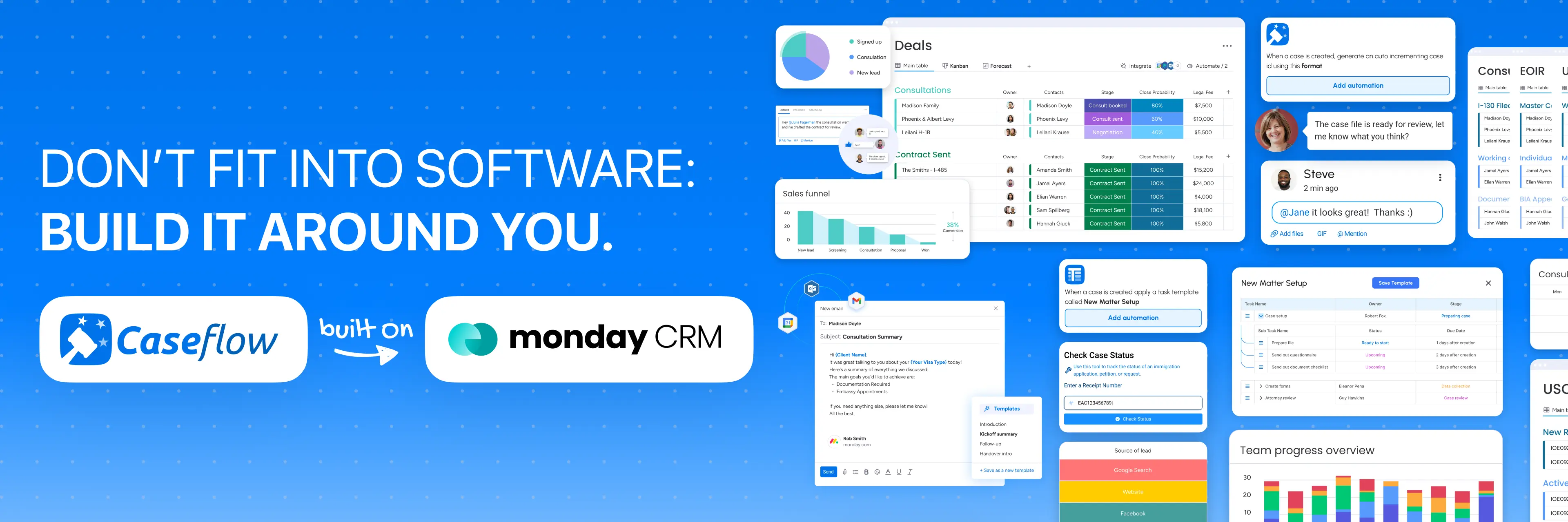 Caseflow client journey on monday.com for immigration law firms — screening, consultation, contract, case initiation, case filing, and case closure in one system