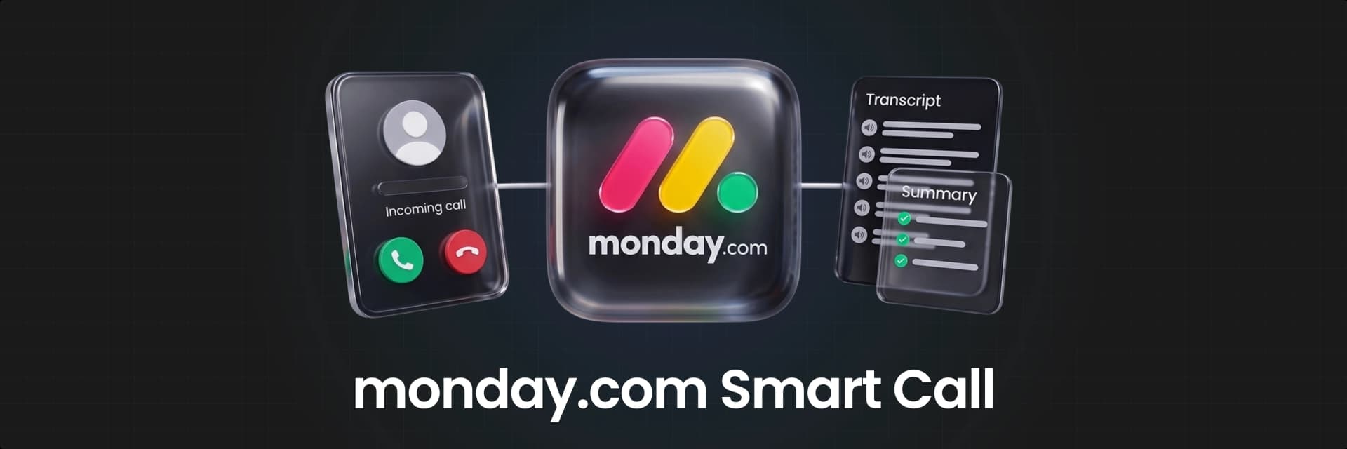monday Smart Call: What This Quarter's Biggest AI Update Actually Does, with an abstracted CRM record showing a call row and its transcript, summary and action items