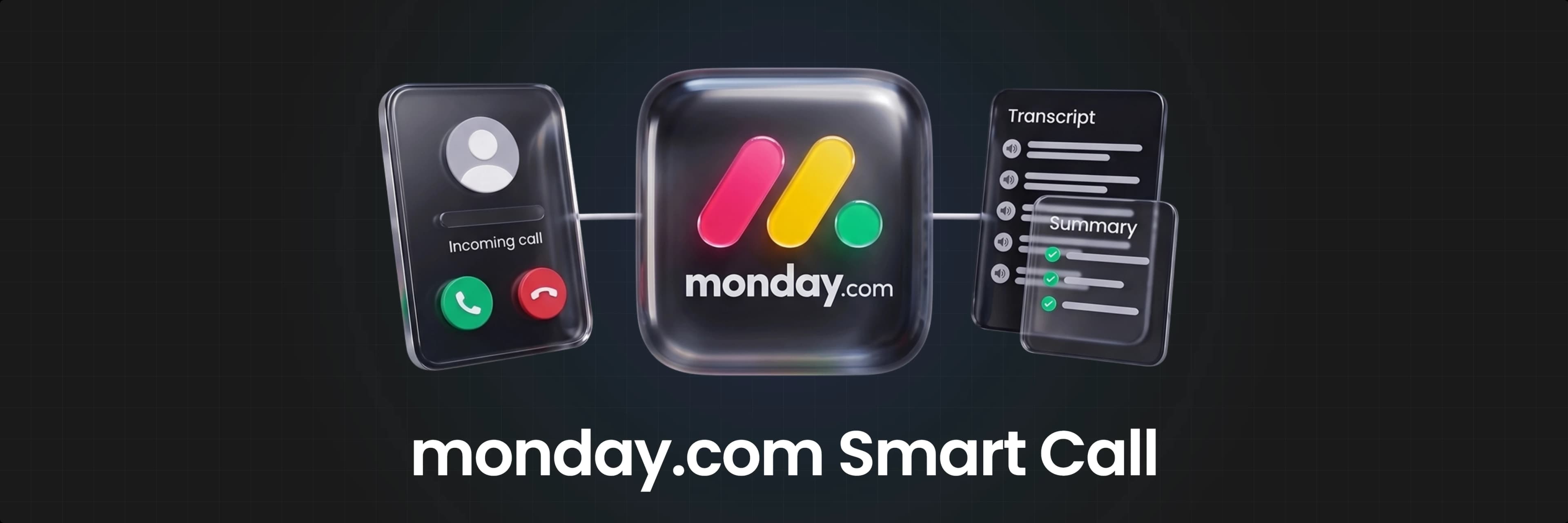 monday Smart Call: What This Quarter's Biggest AI Update Actually Does, with an abstracted CRM record showing a call row and its transcript, summary and action items