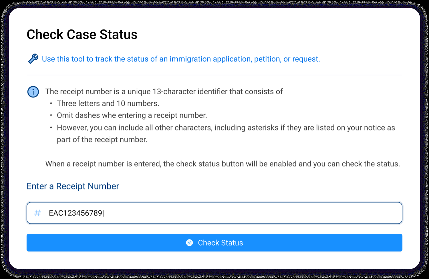 Check Case Status dialog in the USCIS Receipts UI