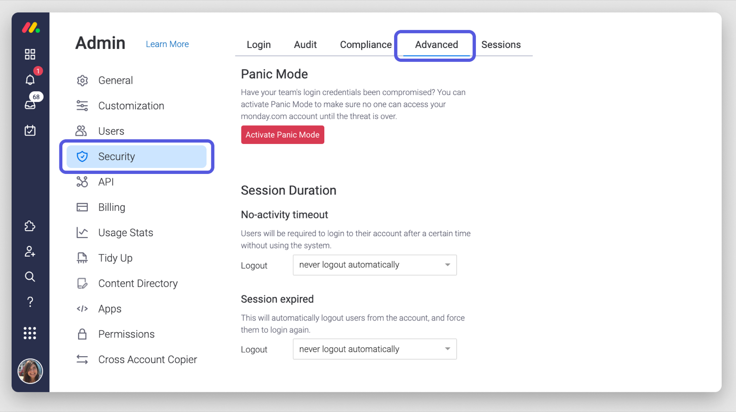 monday.com admin security panel
