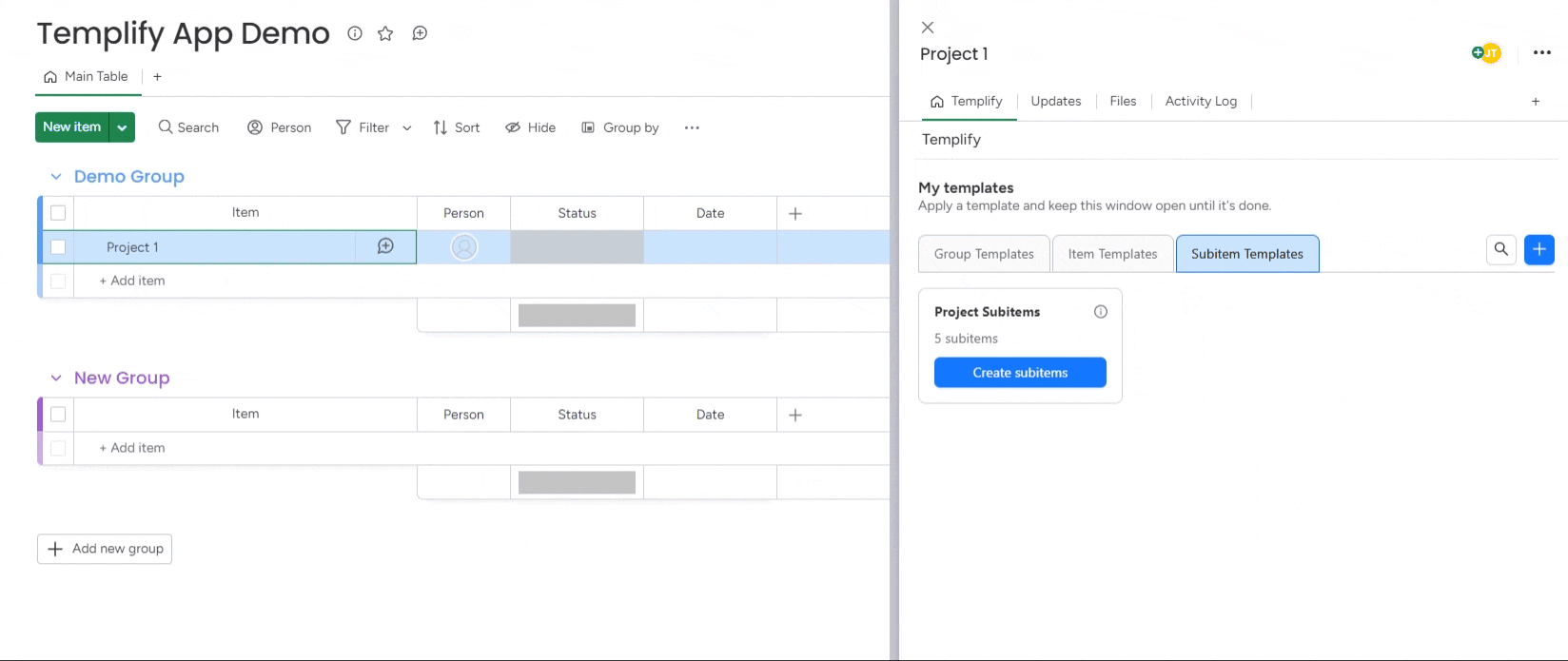Animated walkthrough of manually applying a saved template from the Templify item view